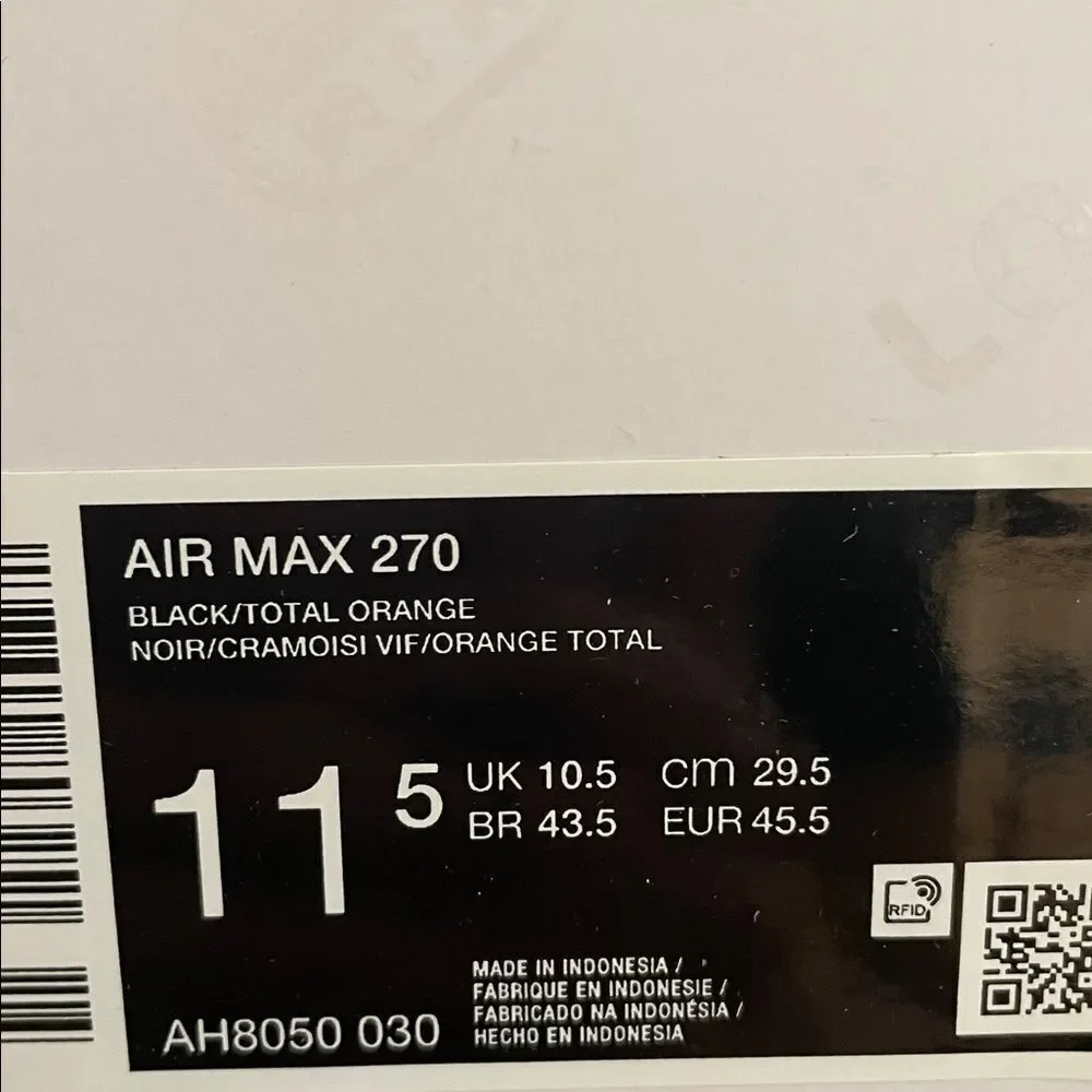 Nike Air Max 270 Black/Total Orange US Men Size 11.5/UK10.5/EU45.5(AH8050-030)